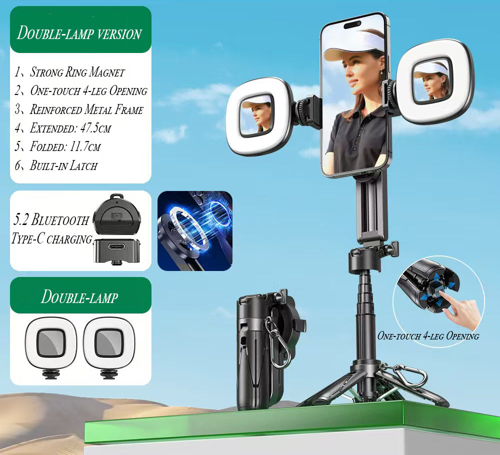 Upgrated 5-in-1 Magnetic Selfie Stick with Remote for Cell Phone 360° Rotation.Can Transforms into Mini Tripod/Camera Grip/Handheld Stabilizer/Phone Stand.Extend to 25 inches