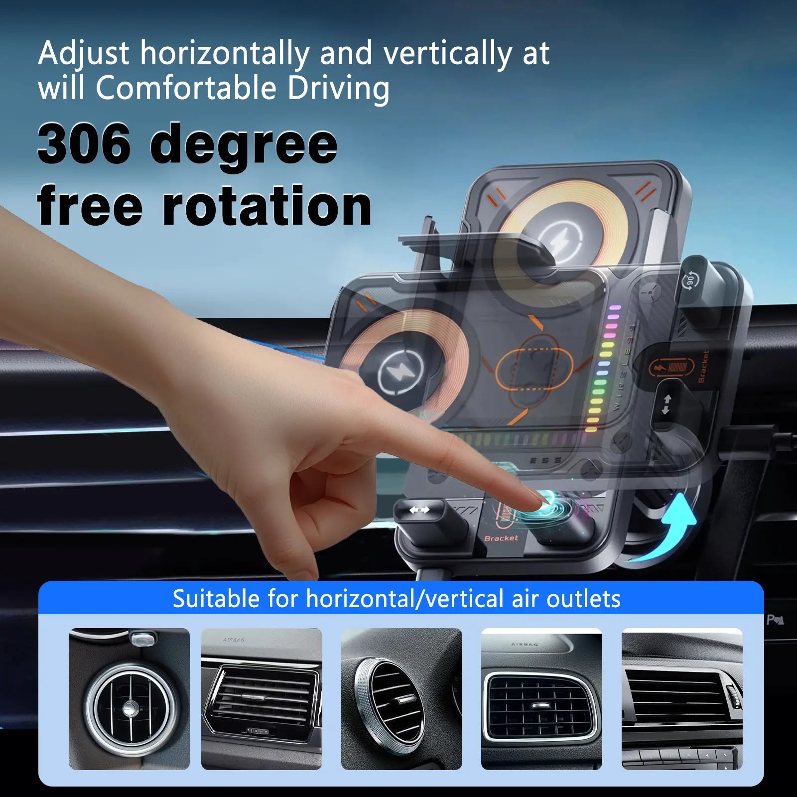 2026 new cool car wireless fast charging holder, intelligent sensor opening and closing, universal mobile phone navigation holder, 90-degree rotation, horizontal and vertical screen use, built-in ambient light, intelligent high-end navigation holder