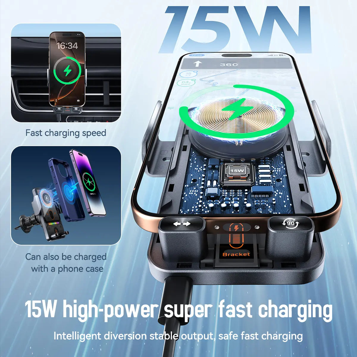 2026 new cool car wireless fast charging holder, intelligent sensor opening and closing, universal mobile phone navigation holder, 90-degree rotation, horizontal and vertical screen use, built-in ambient light, intelligent high-end navigation holder