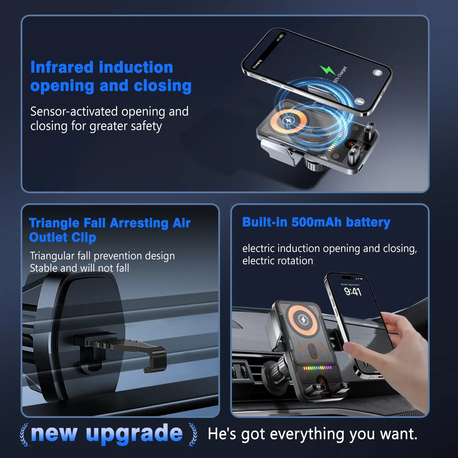 2026 new cool car wireless fast charging holder, intelligent sensor opening and closing, universal mobile phone navigation holder, 90-degree rotation, horizontal and vertical screen use, built-in ambient light, intelligent high-end navigation holder