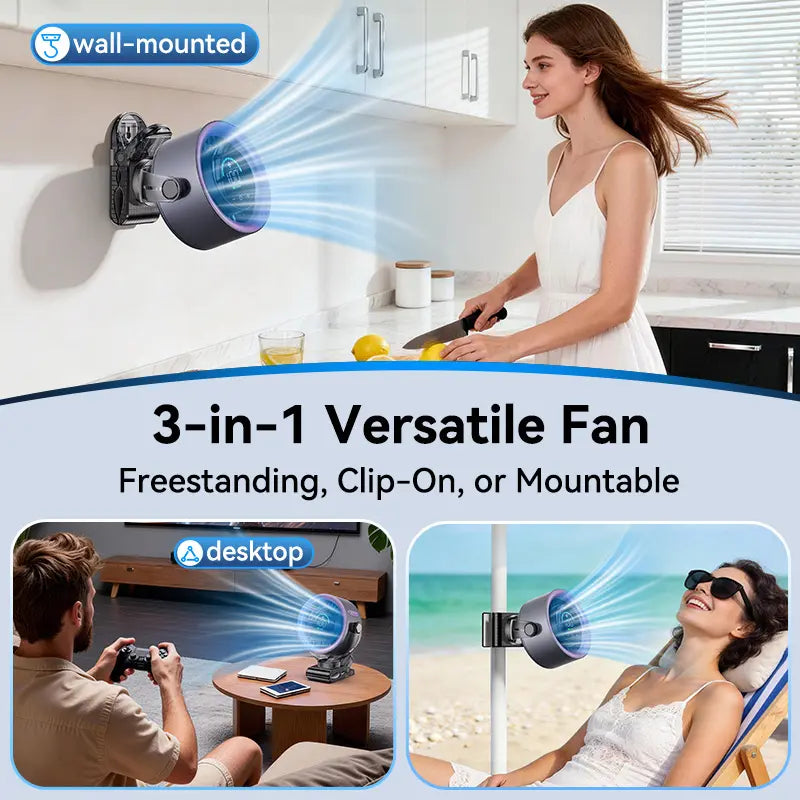 Rechargeable portable clip-on fan - 100-speed touch control, LED display, 360° rotating silent turbine for in-car circulation, suitable for strollers, beds, travel, camping, golf, gym and summer use