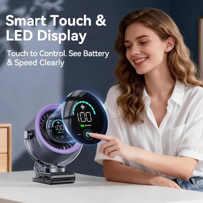Rechargeable portable clip-on fan - 100-speed touch control, LED display, 360° rotating silent turbine for in-car circulation, suitable for strollers, beds, travel, camping, golf, gym and summer use