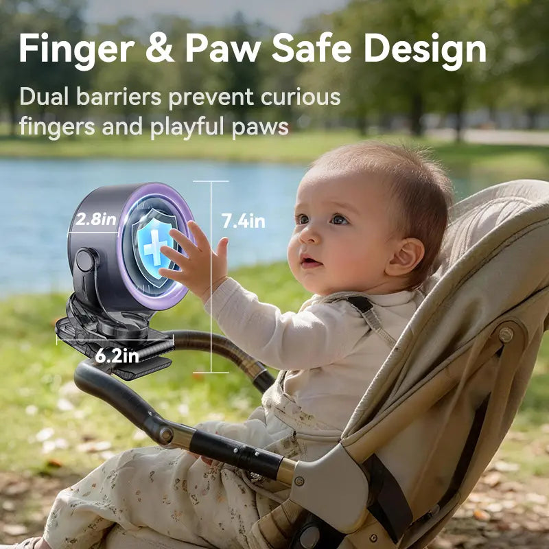 Rechargeable portable clip-on fan - 100-speed touch control, LED display, 360° rotating silent turbine for in-car circulation, suitable for strollers, beds, travel, camping, golf, gym and summer use
