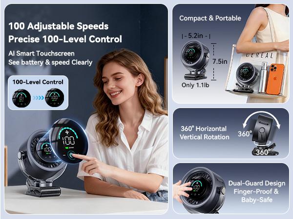 Rechargeable portable clip-on fan - 100-speed touch control, LED display, 360° rotating silent turbine for in-car circulation, suitable for strollers, beds, travel, camping, golf, gym and summer use
