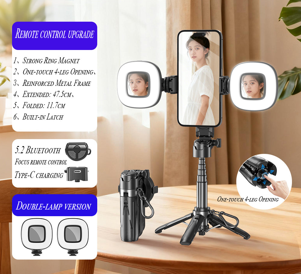 Upgrated 5-in-1 Magnetic Selfie Stick with Remote for Cell Phone 360° Rotation.Can Transforms into Mini Tripod/Camera Grip/Handheld Stabilizer/Phone Stand.Extend to 25 inches
