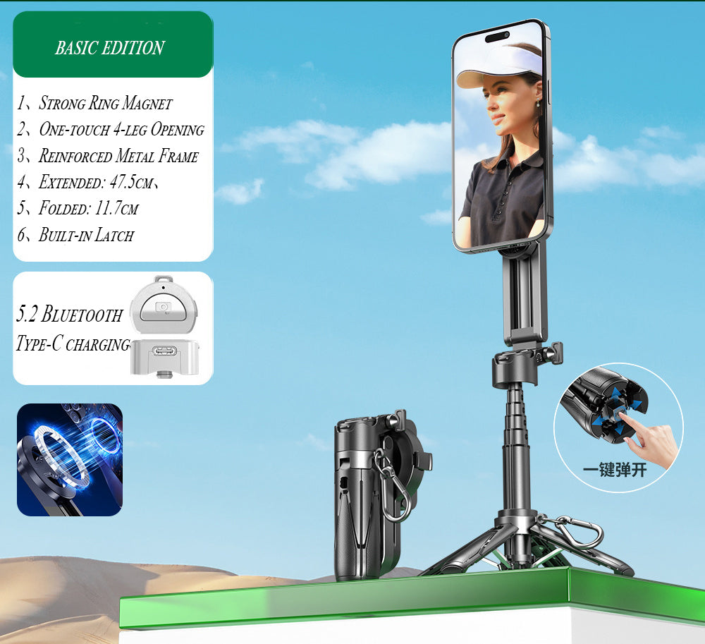 Upgrated 5-in-1 Magnetic Selfie Stick with Remote for Cell Phone 360° Rotation.Can Transforms into Mini Tripod/Camera Grip/Handheld Stabilizer/Phone Stand.Extend to 25 inches