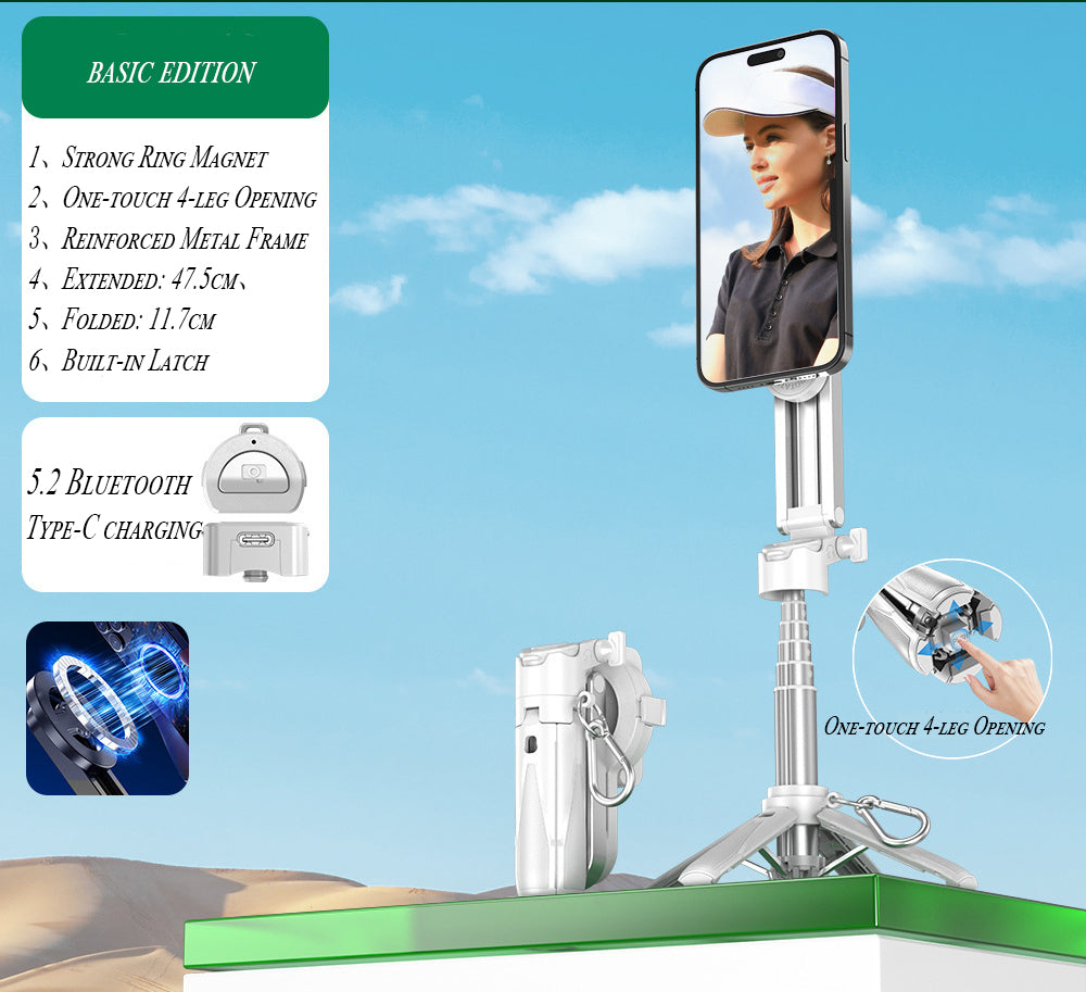 Upgrated 5-in-1 Magnetic Selfie Stick with Remote for Cell Phone 360° Rotation.Can Transforms into Mini Tripod/Camera Grip/Handheld Stabilizer/Phone Stand.Extend to 25 inches
