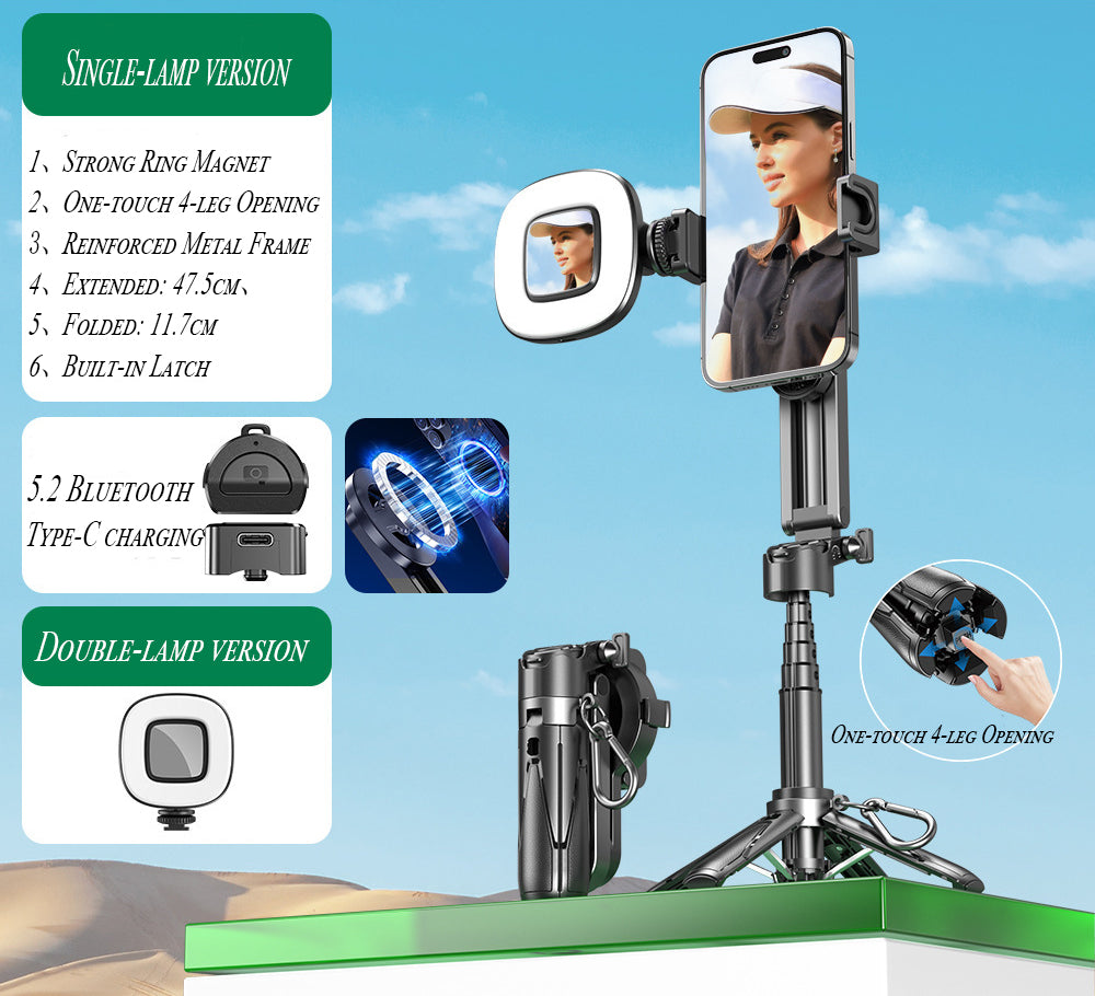 Upgrated 5-in-1 Magnetic Selfie Stick with Remote for Cell Phone 360° Rotation.Can Transforms into Mini Tripod/Camera Grip/Handheld Stabilizer/Phone Stand.Extend to 25 inches